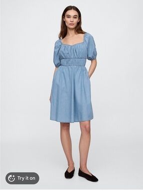 GAP Factory Chambray Puff-Sleeve Mini Dress - Blue